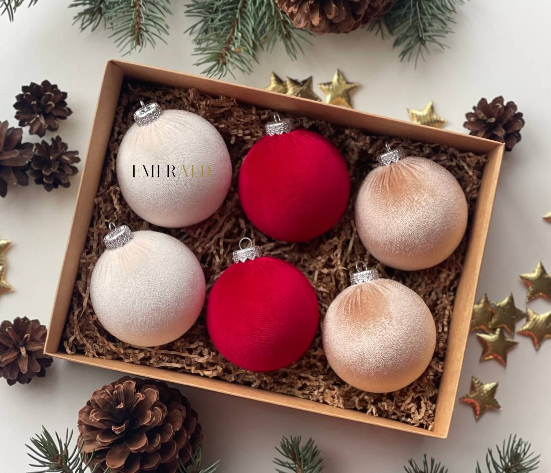 6 vnt - Aksominiai Kalėdų Eglutės Papuošimai - Raudona, Smėlis, Vanila