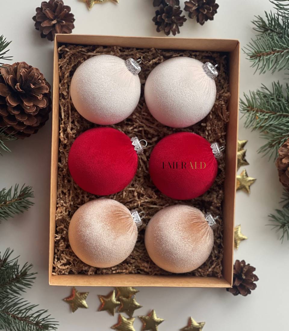 6 vnt - Aksominiai Kalėdų Eglutės Papuošimai - Raudona, Smėlis, Vanila
