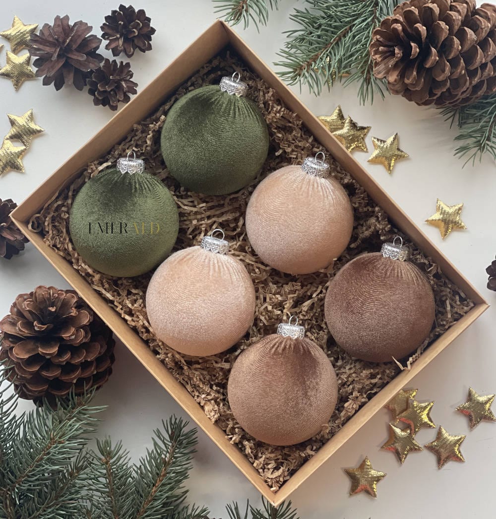 6 vnt - Aksominiai Kalėdų Eglutės Papuošimai - Samanų, Smėlio, Rudi