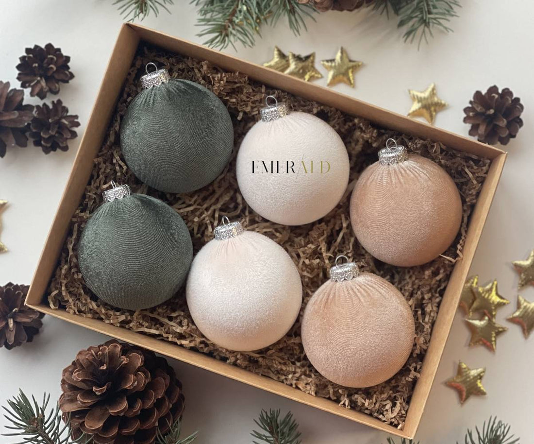 6 vnt - Aksominiai Kalėdų Eglutės Papuošimai - Šalavijo, Smėlio, Vanila