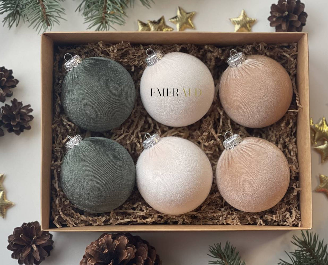6 vnt - Aksominiai Kalėdų Eglutės Papuošimai - Šalavijo, Smėlio, Vanila
