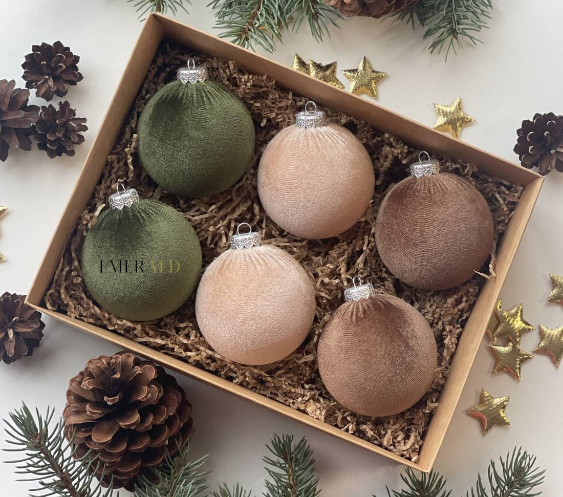 6 vnt - Aksominiai Kalėdų Eglutės Papuošimai - Samanų, Smėlio, Rudi