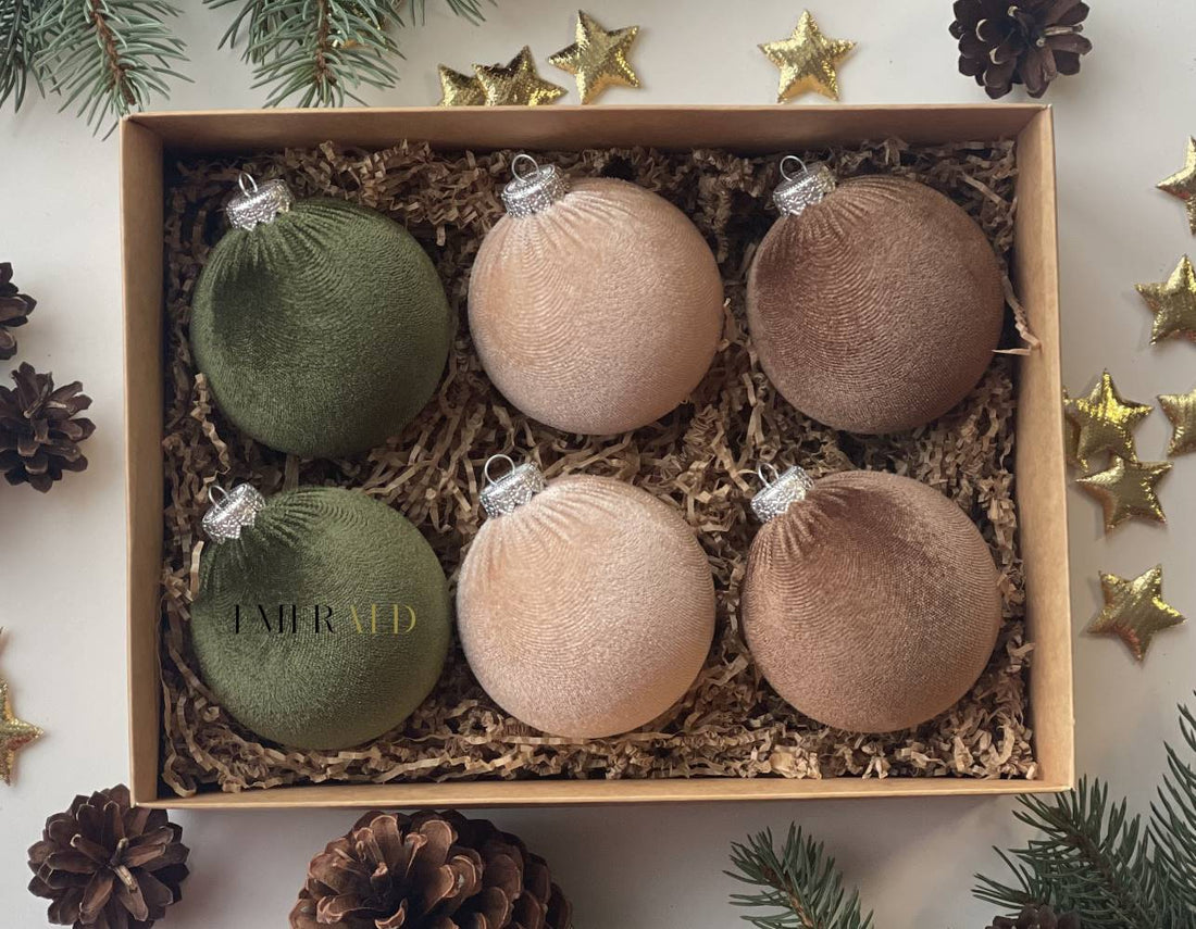 6 vnt - Aksominiai Kalėdų Eglutės Papuošimai - Samanų, Smėlio, Rudi