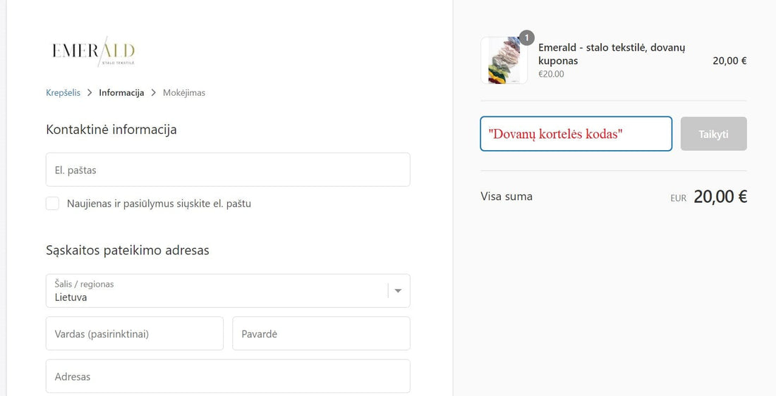 Emerald - stalo tekstilė, dovanų kuponas